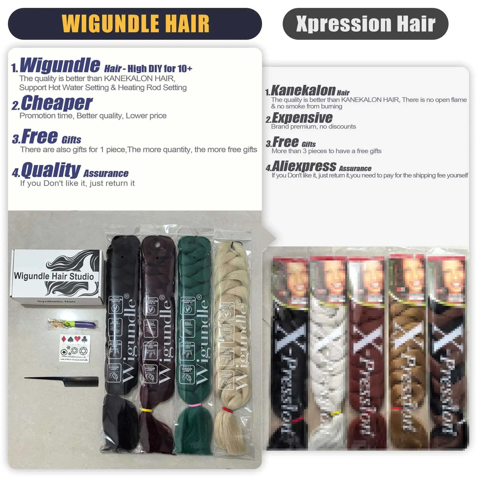 82-inch Kanekalon jumbo braiding hair bundles in colors, pre-stretched 165g packs; Wigundle Hair Studio branding.