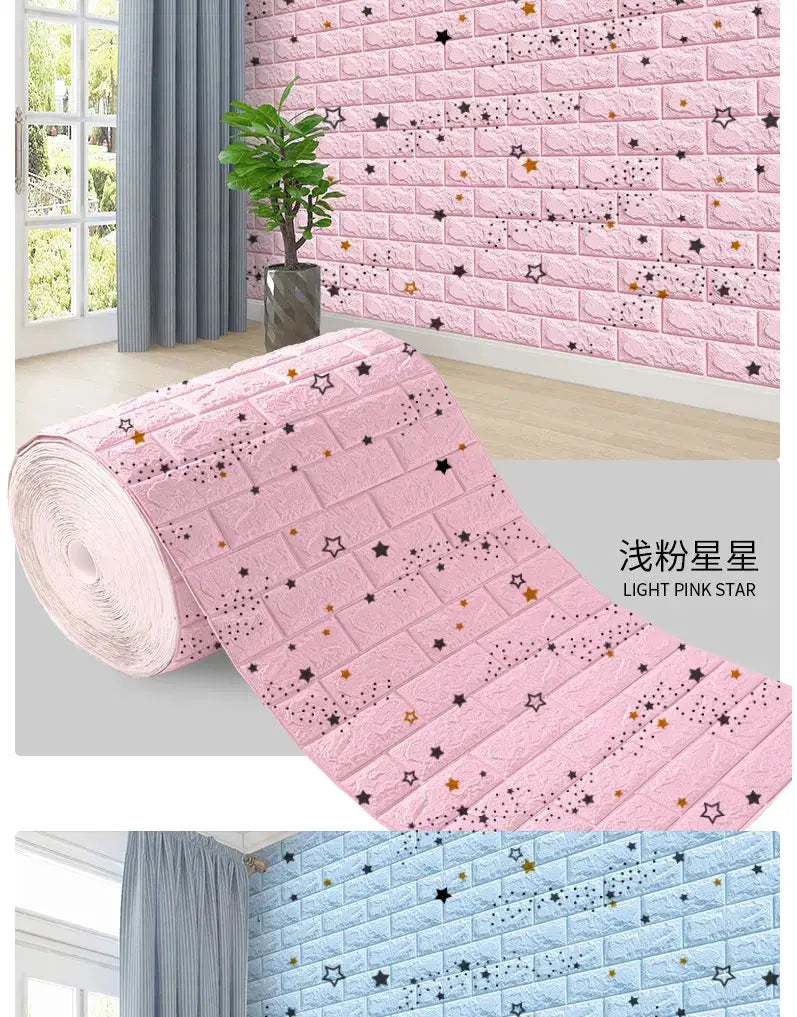 Simples Market 3D foam brick wall panels with pink star pattern; self-adhesive waterproof wallpaper roll