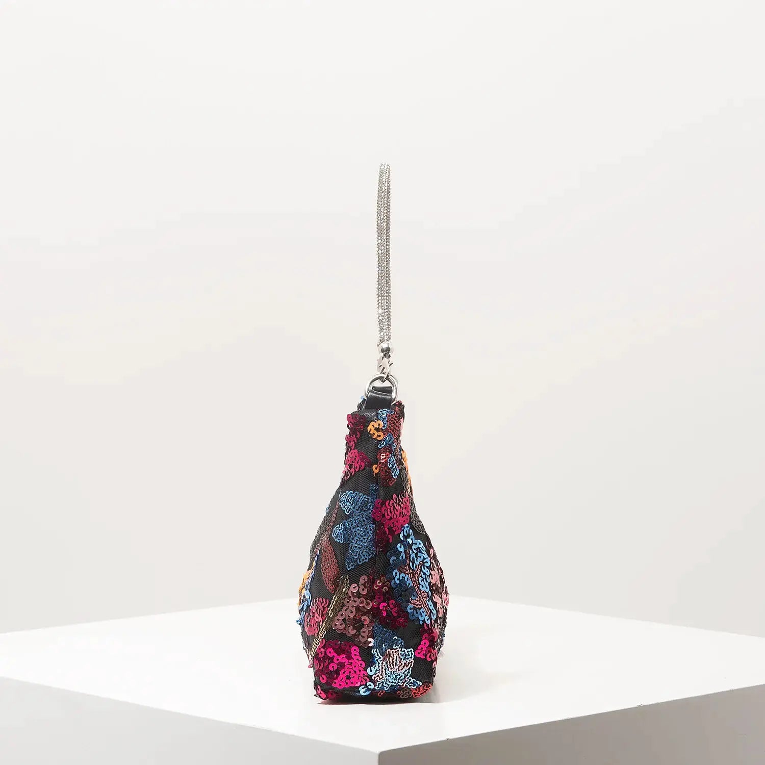 Shoulder bag with multicolor floral sequin embroidery and a silver chain strap