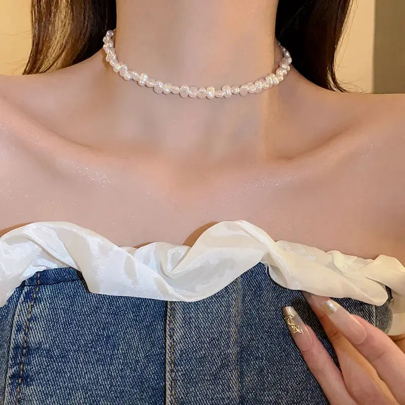 Imitation pearl choker necklace for women, white faux pearls, collarbone-length wedding jewelry
