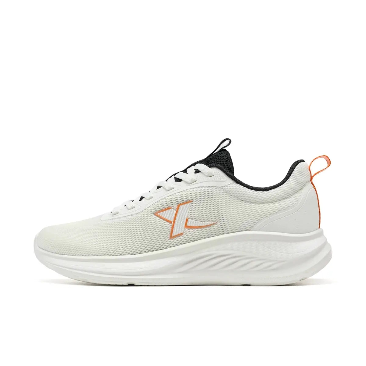Xtep men's running shoes, white breathable mesh with orange logo, black collar, orange heel loop, lightweight sole