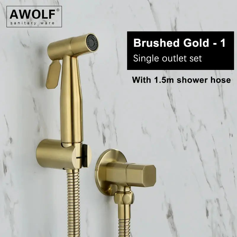 Handheld bidet sprayer in brushed rose gold with stainless steel hose and wall mount; AWOLF logo, Simples Market AP2354.