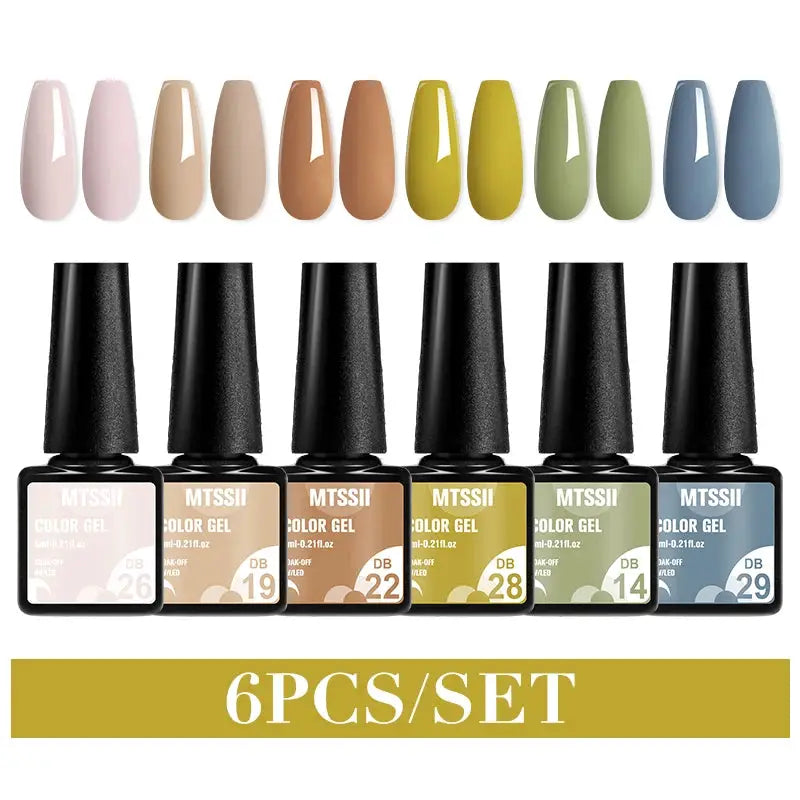 6pc gel nail polish set with assorted colors and six polish bottles