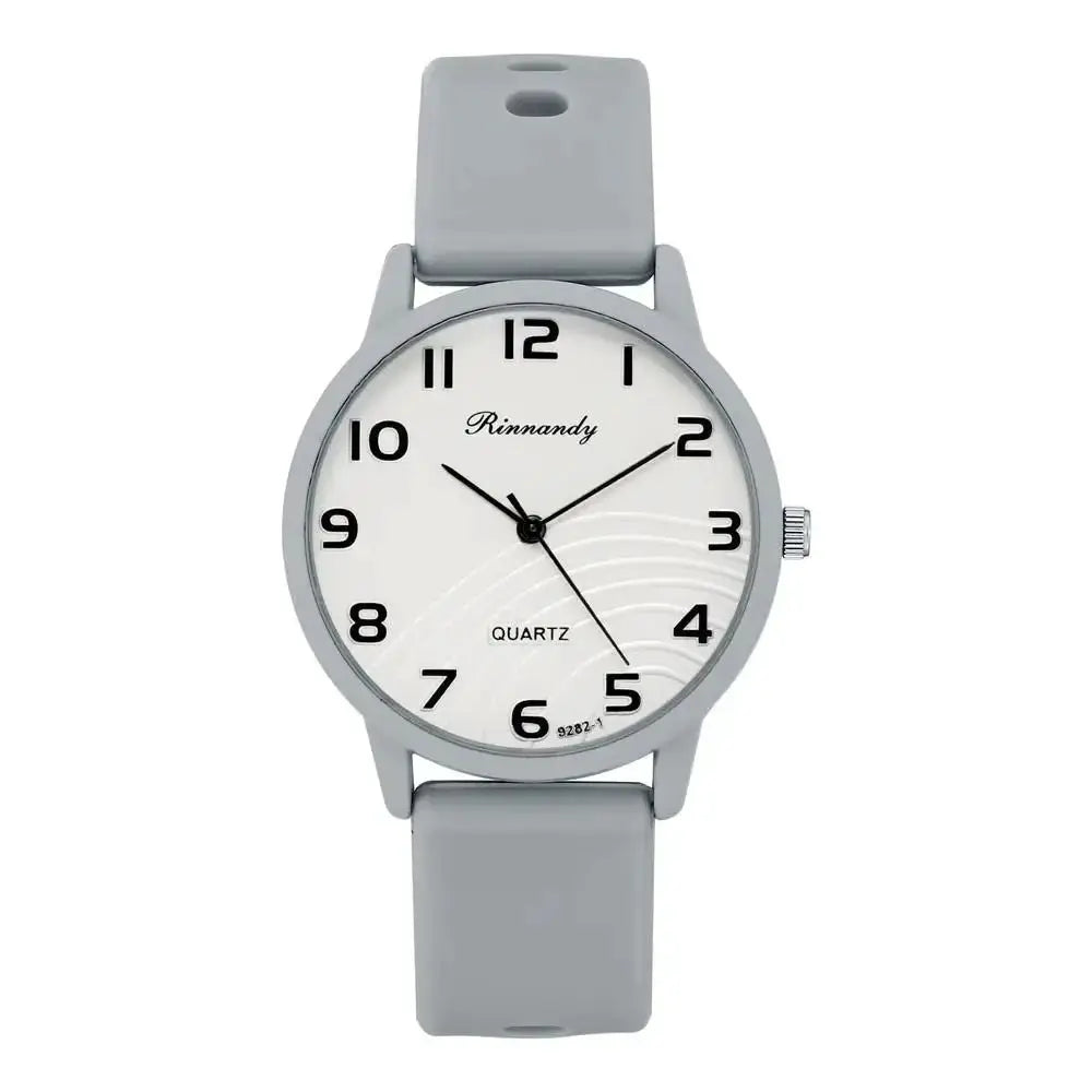 Watch Rinnandy quartz women's watch with light gray silicone band and Arabic numerals