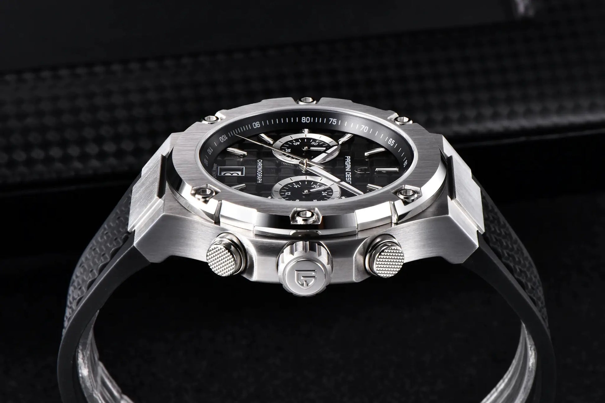 PAGANI DESIGN men's chronograph watch with stainless steel case, black dial and fluororubber strap