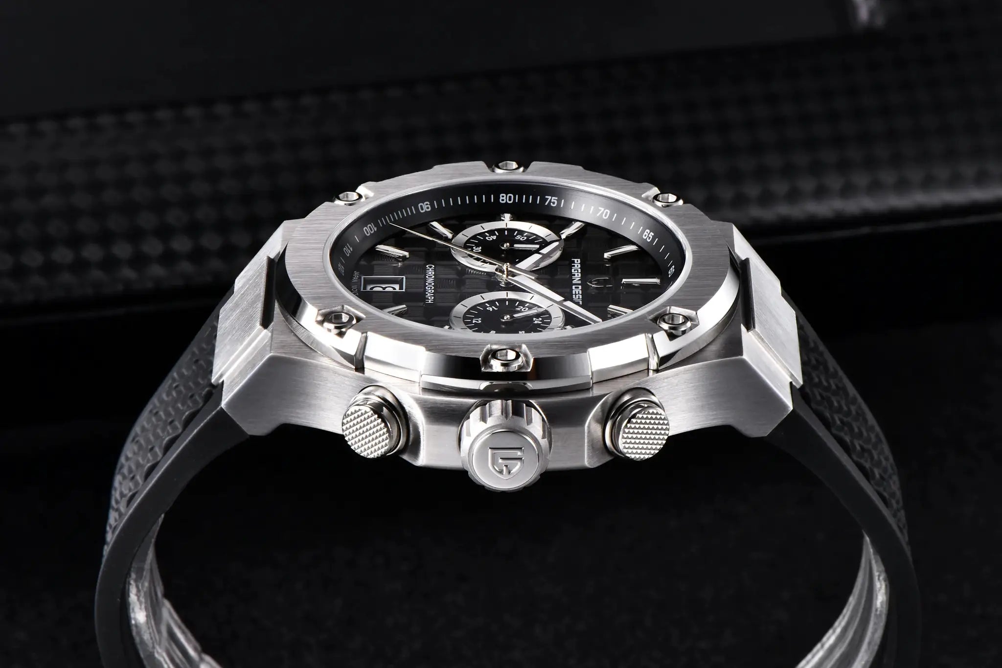 PAGANI DESIGN men's chronograph watch with stainless steel case, black dial and fluororubber strap