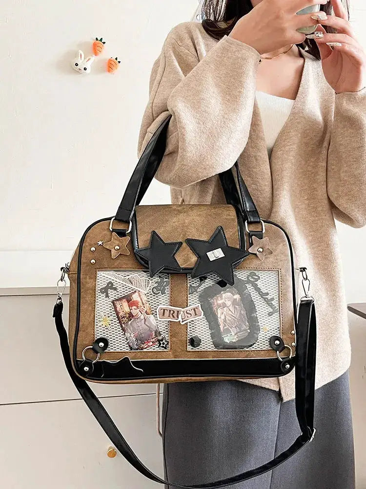 Y2K star ita bag, tan canvas crossbody with transparent front pocket and black star accents