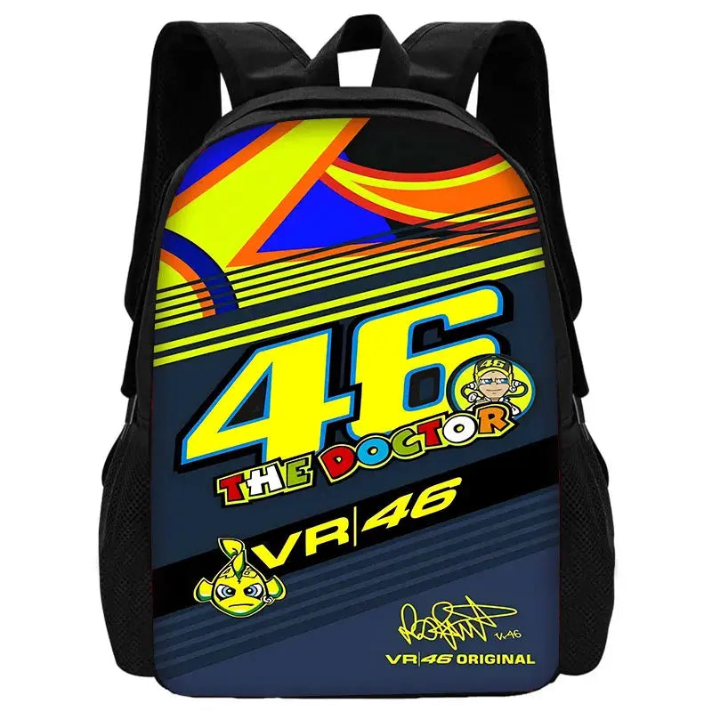 Backpack with colorful VR46 racing graphic, large 46 logo and The Doctor cartoon, black side pockets