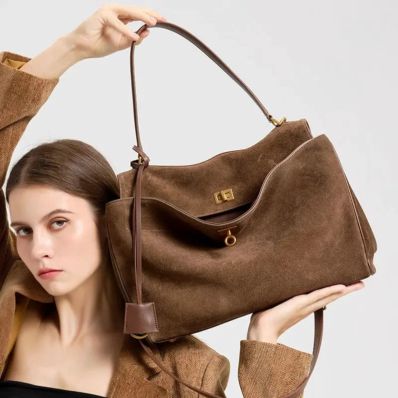 Luxora Autumn Winter Womens Suede Genuine Leather Shoulder Tote Bag Large Capacity Designer Handbag