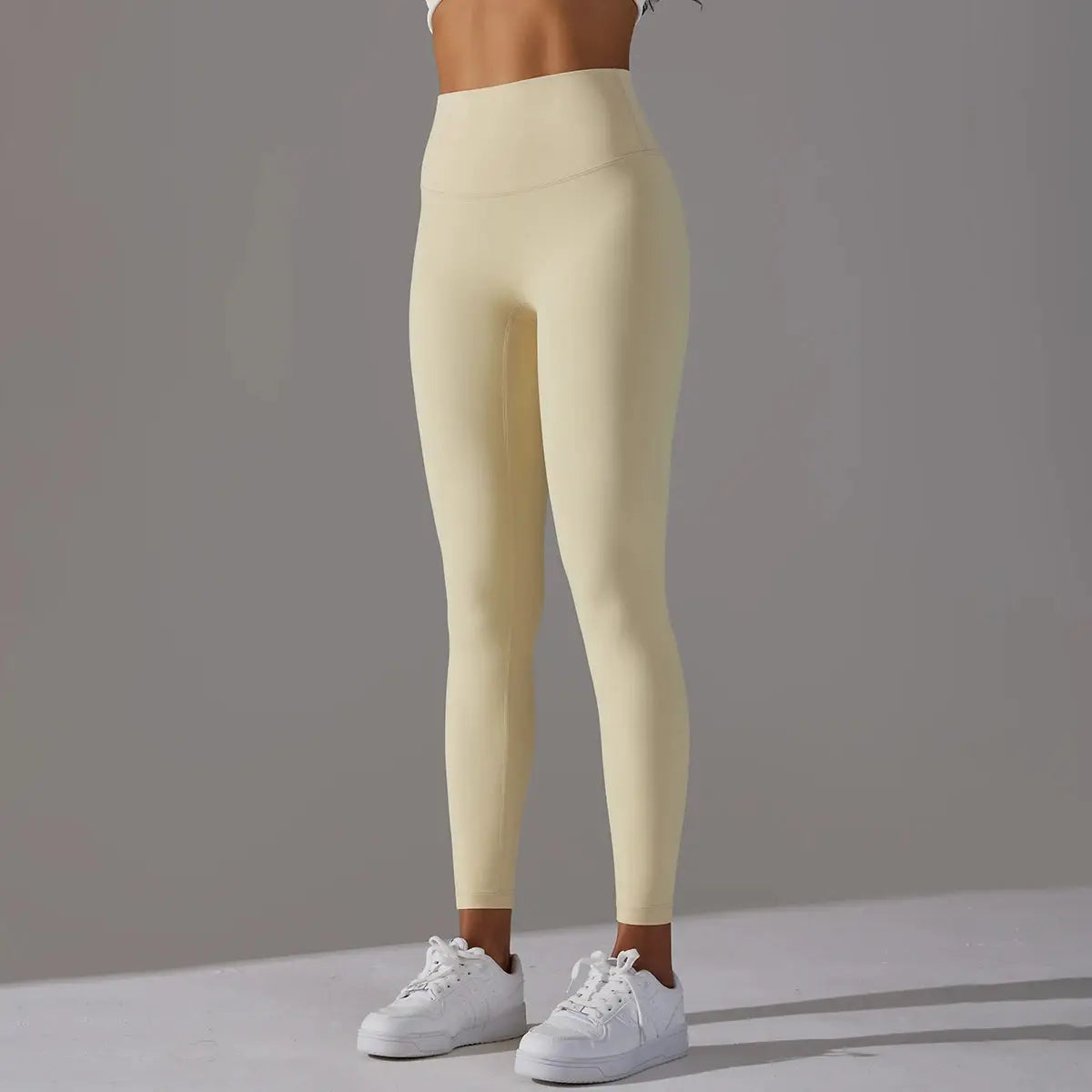 High waist naked-feeling leggings for women; beige gym/yoga tights, tight fit