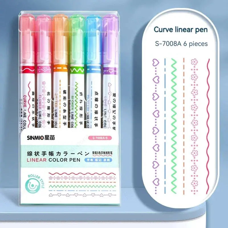 6Pcs Set Flower Line Shape Roller Tip Highlighter Pens Curve Liner Marker Kawaii Korean Stationery School Office Gifts
