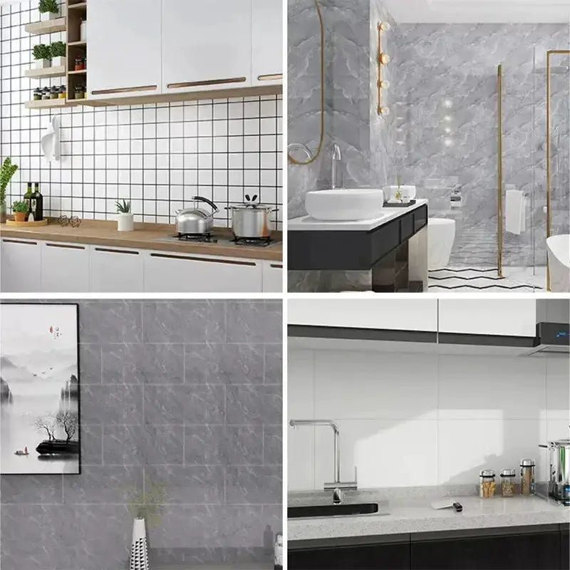 Imitation Tile 3D Wall Stickers, gray marble finish, self-adhesive waterproof wallpaper; 4-panel collage.