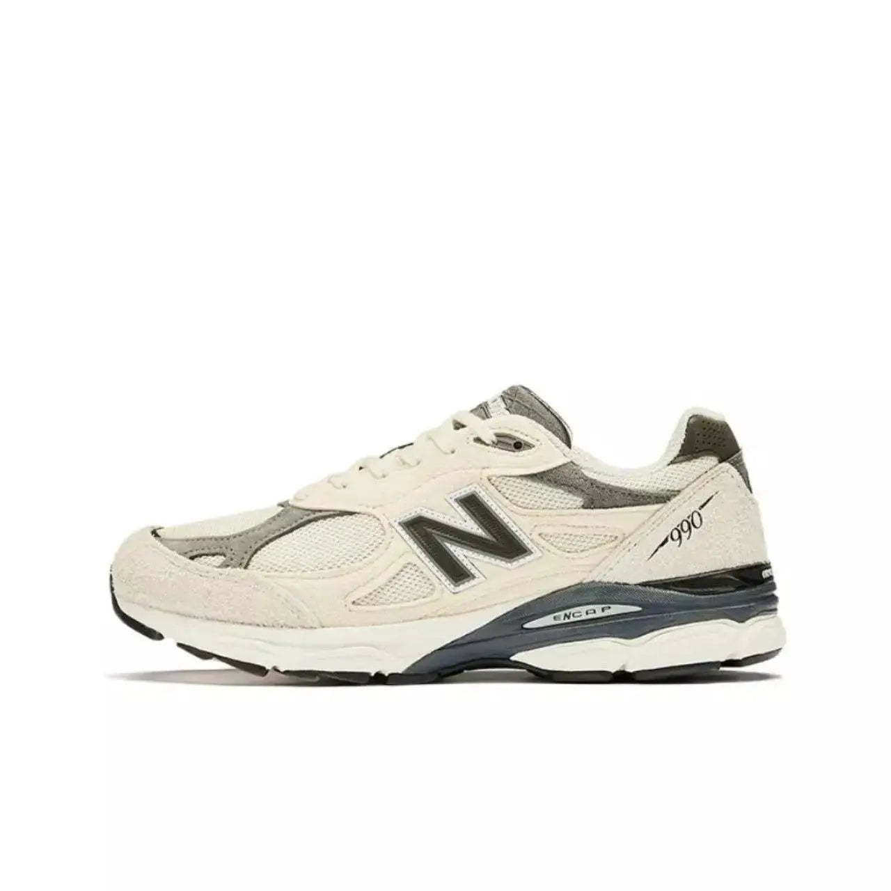 New Balance 990 sneaker in cream/gray mesh with black sole and NB logo