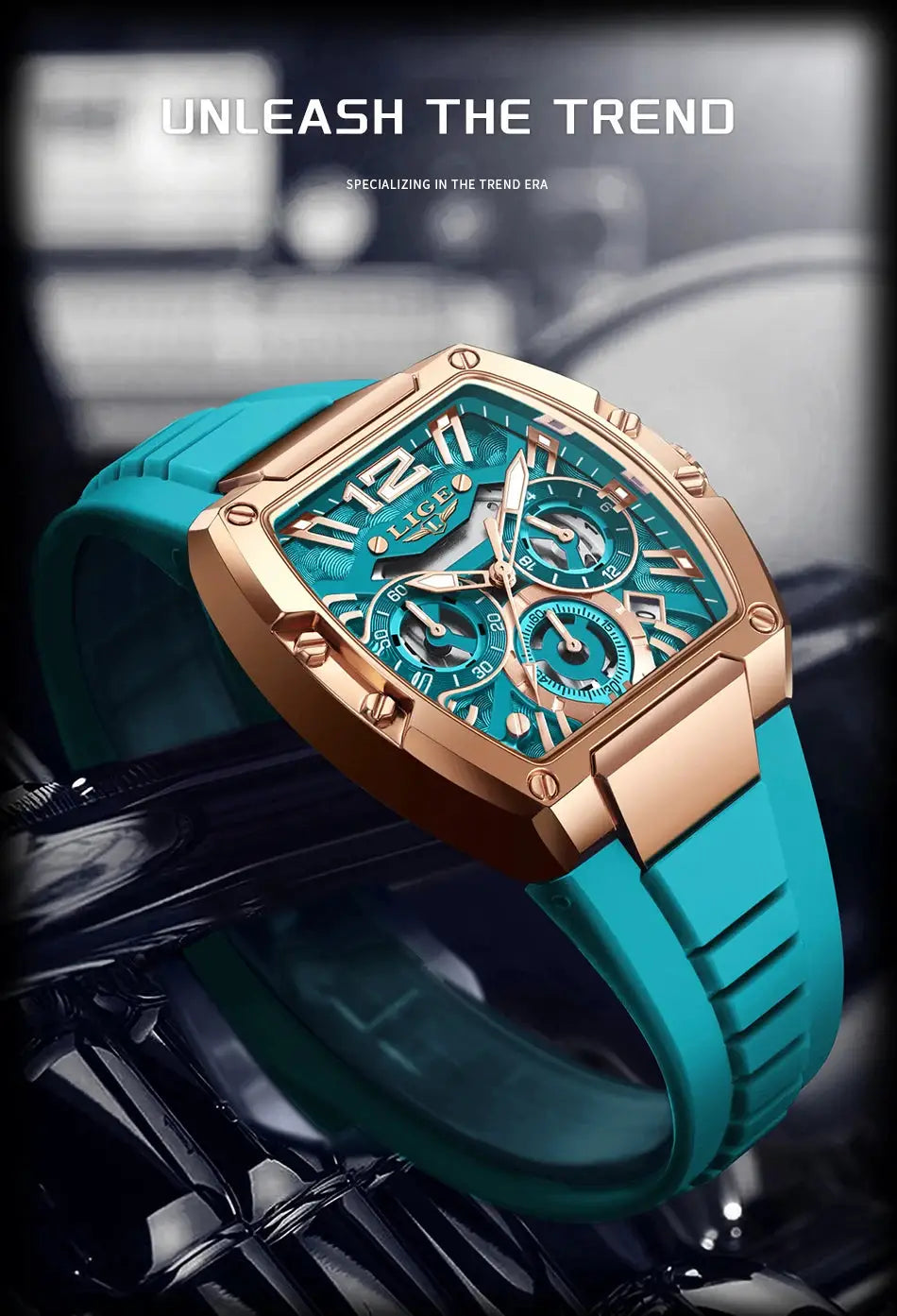 LIGE men's chronograph wristwatch with turquoise silicone strap and rose-gold case, bold skeleton dial details