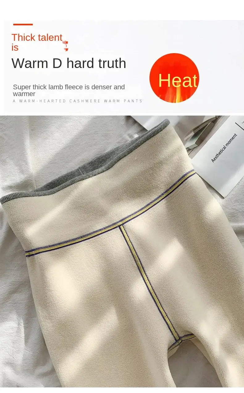 Winter warm leggings by Simples Market, beige fleece-lined, high-waisted thermal with blue stitching