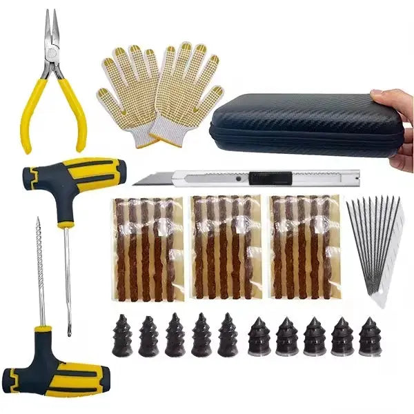 ZFOUEK auto tire repair kit by Simples Market with yellow-handled tools, plugs, patches and case.