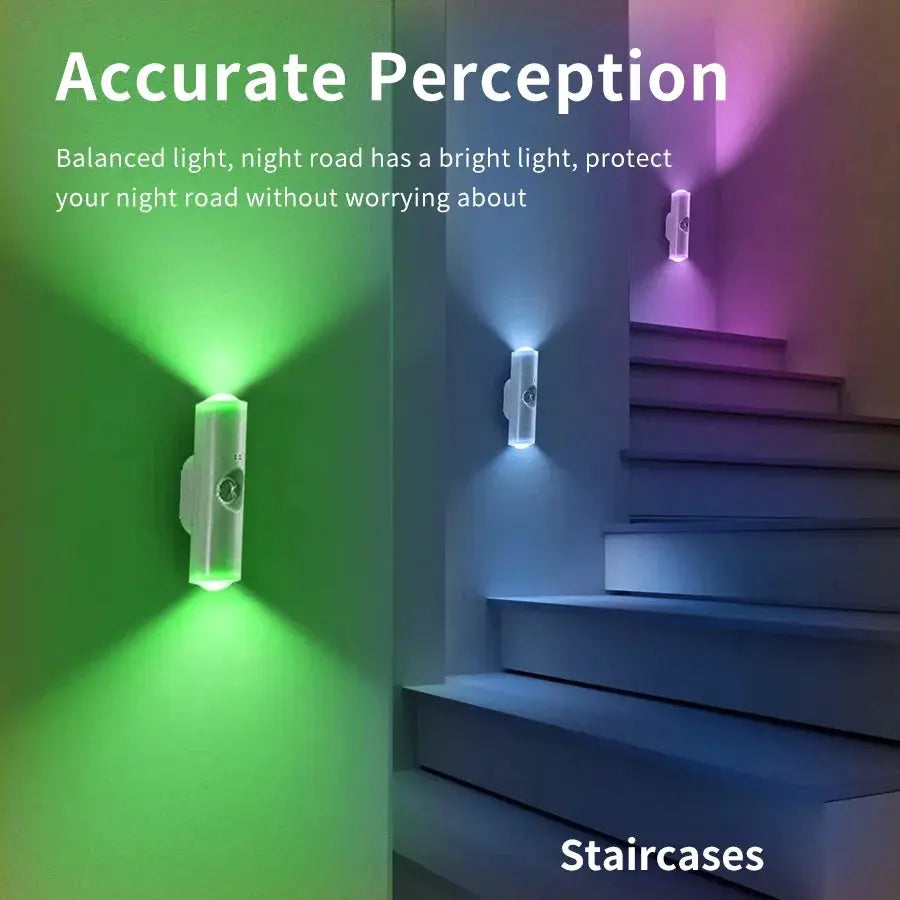 Simples Market smart RGB gradient wall light with motion sensor; three magnetic rechargeable wall lamps along stairs