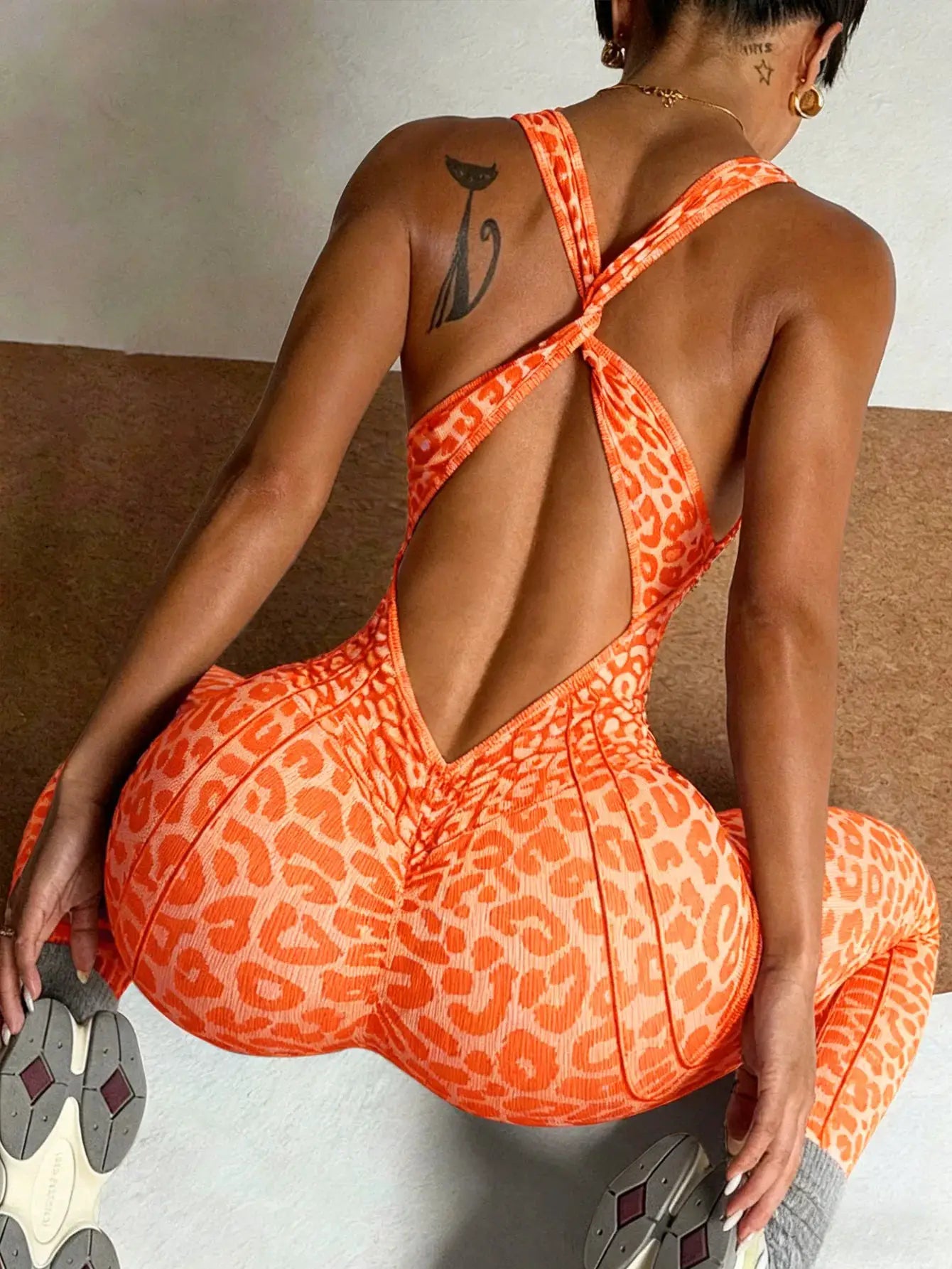 Women's orange leopard-print backless criss-cross jumpsuit for yoga and fitness, one-piece overalls workouts