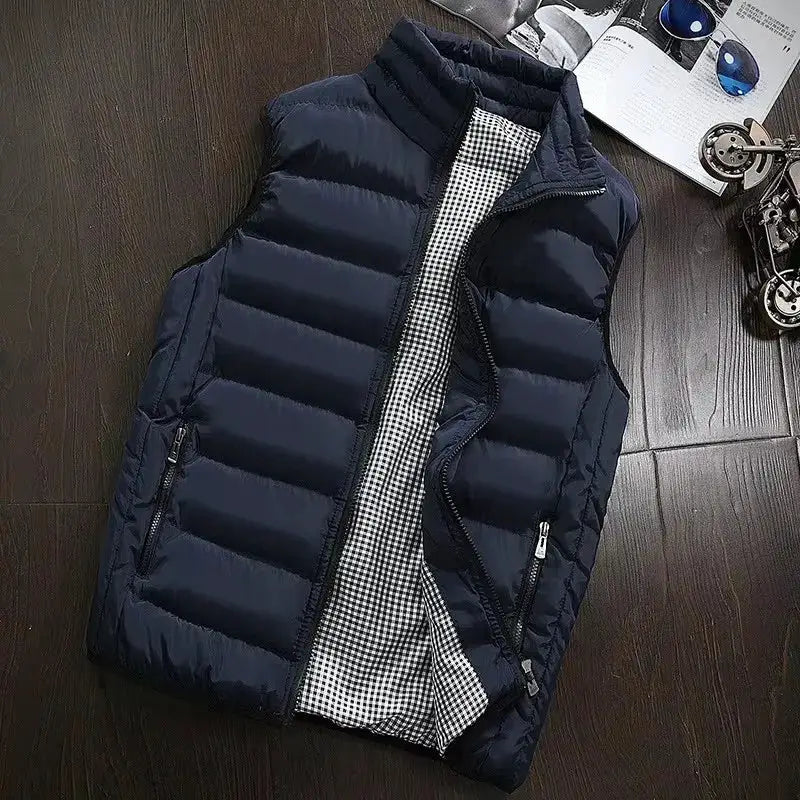 Men's navy Simples Market puffer vest, sleeveless windproof down waistcoat with checkered lining and zip pockets
