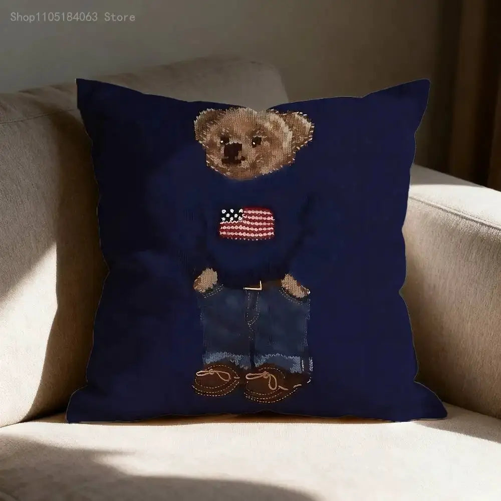 Fashion Bear throw pillow cover in navy with bear appliqué wearing denim jeans and an American flag shirt.