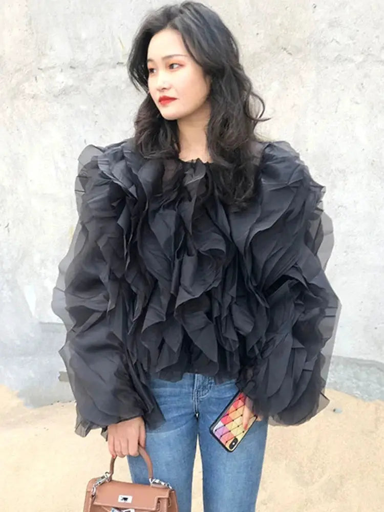 Twotwinstyle Elegant Patchwork Ruffles Chiffon Blouse O Neck Lantern