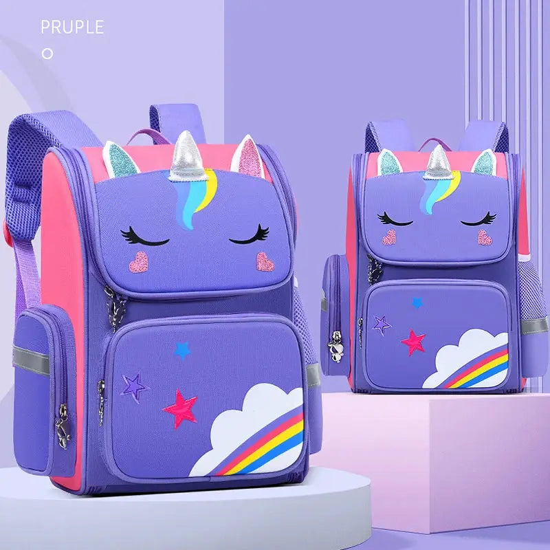 Simples Market unicorn kids backpack, purple waterproof large-capacity school bag, rainbow cloud print (2-pack)