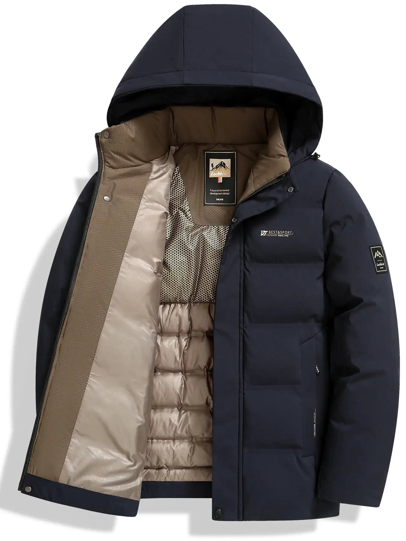 Men's navy quilted puffer jacket by Simples Market with tan inner lining and hood