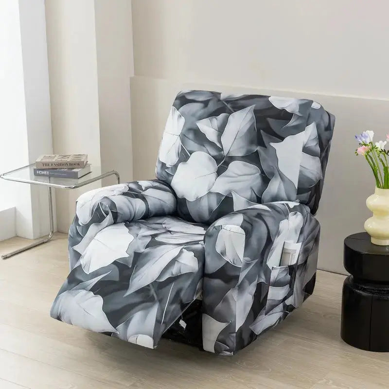 Recliner chair cover in gray leaf-pattern print; stretchy fabric for 1-seat recliner sofa.
