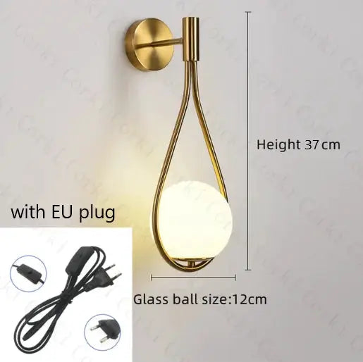 Simples Market Nordic Creative Luxury Glass Ball LED Wall Lamp, gold sconce with 12 cm glass ball, 37 cm tall, EU plug.