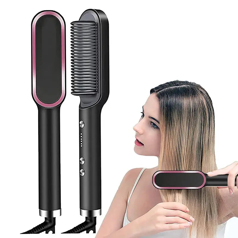 Simples Market hair styling set: black straightener comb and heated brush with pink trim.