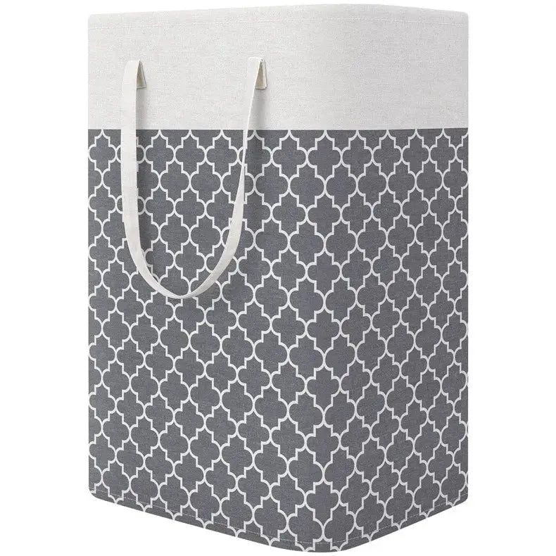 Laundry basket Simples Market; waterproof fabric, foldable, large capacity with beige top and gray geometric pattern.