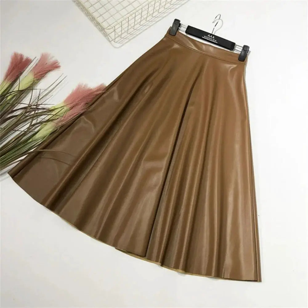 Women's PU leather midi skirt, brown high-waist A-line flare by Simples Market