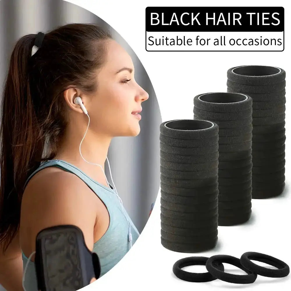 BrandName Black Hair Bands For Women And Girls Nylon Elastic No Slip Ponytail Holders 50/100 Pack