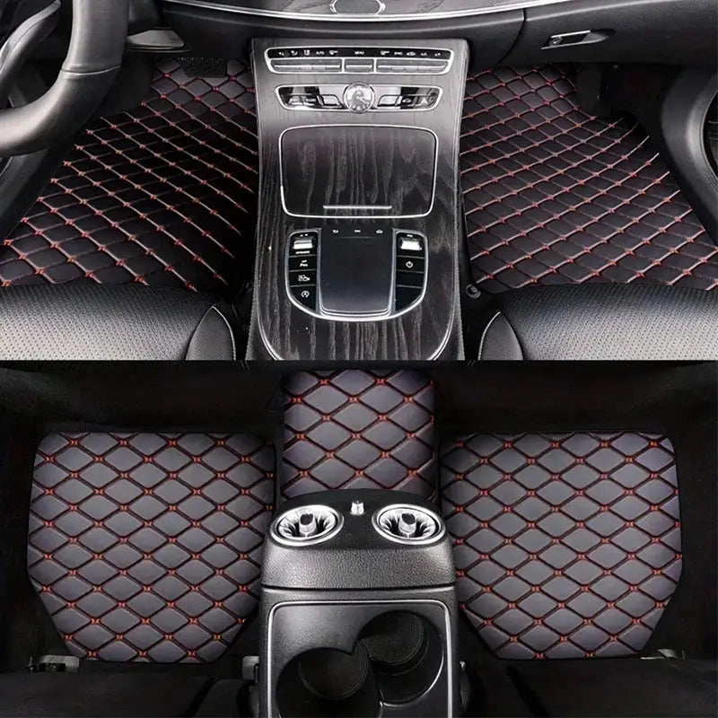 Universal 5-piece PU leather car floor mats, black with red diamond stitching, waterproof.