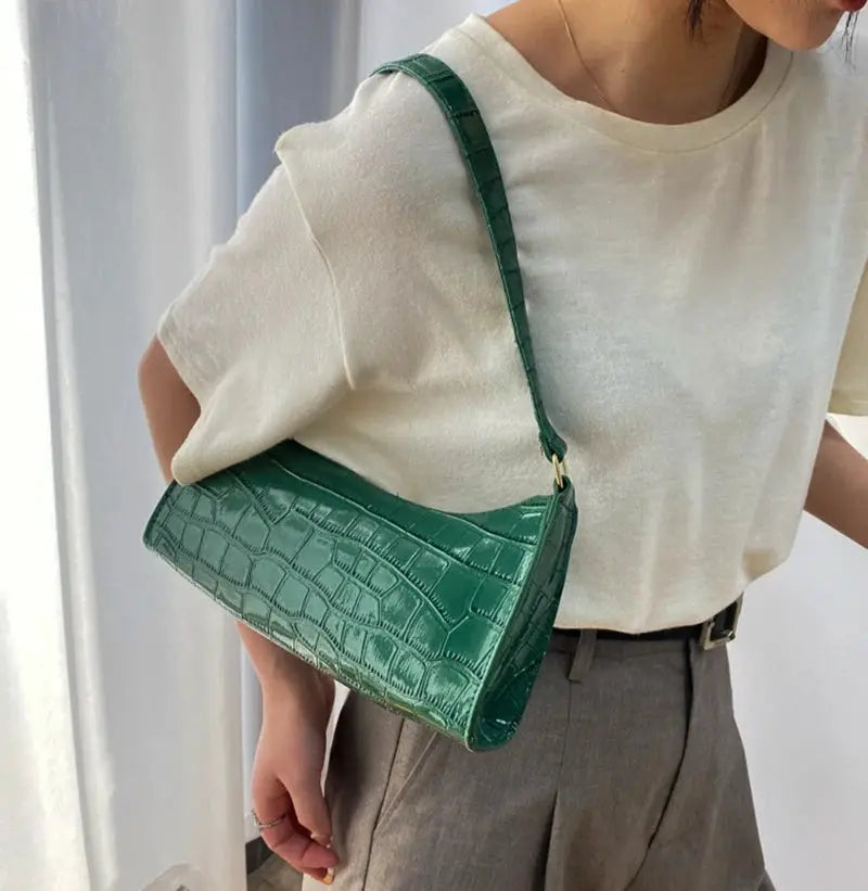 Handbag green PU leather with alligator pattern, underarm shoulder bag