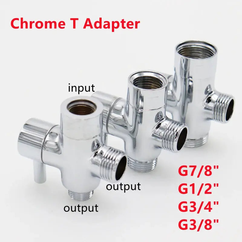 Simples Market chrome bidet T-adapter set of three with shut-off valves; includes G7/8, G1/2, G3/4, G3/8 fittings