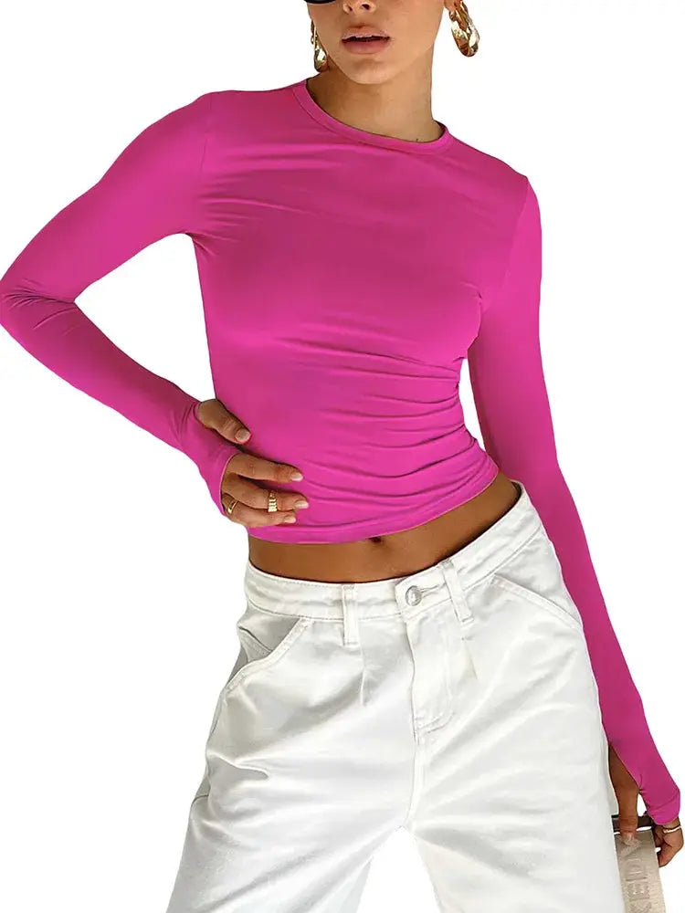 Women's Long Sleeve Crew Neck Crop Top With Thumb Holes Slim Fit Streetwear Daily Summer Camis