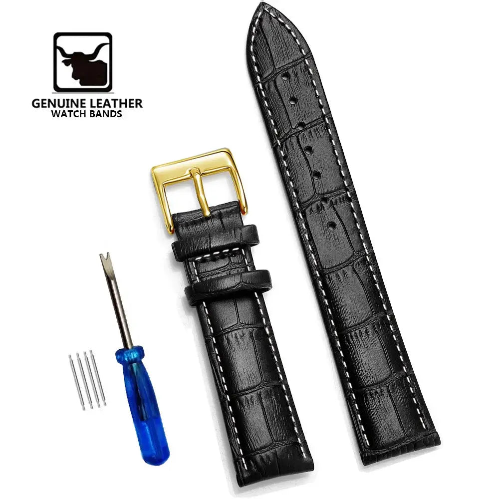 Simples Market genuine leather watch bands; 2 black croc-embossed straps with white stitching and gold buckle, tool kit