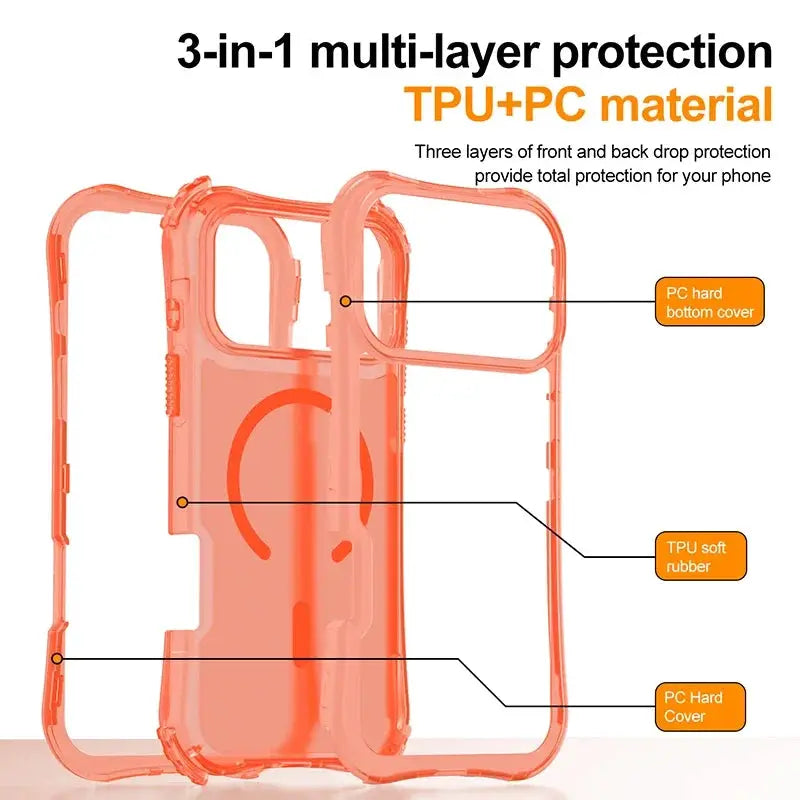 Armor 3IN1 clear iPhone case with TPU+PC layers, magnetic charging, shockproof bumper