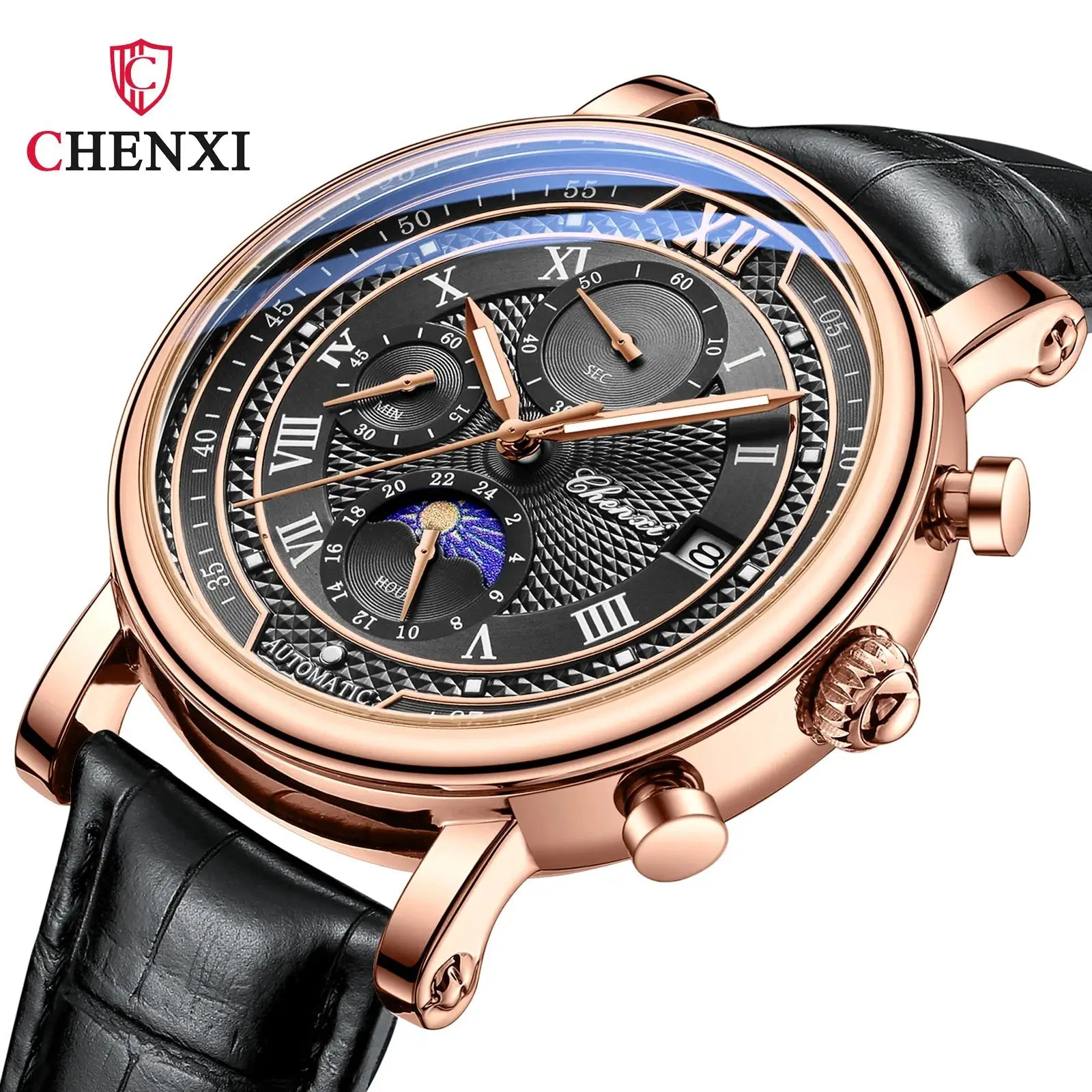 Chenxi 976 leather chronograph watch with rose-gold case, black dial, moon phase subdial, black leather strap