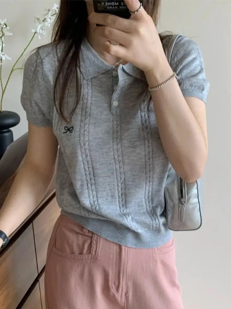 AOSSVIAO Korean Knitted Polo Shirt Women Bow Embroidered Top