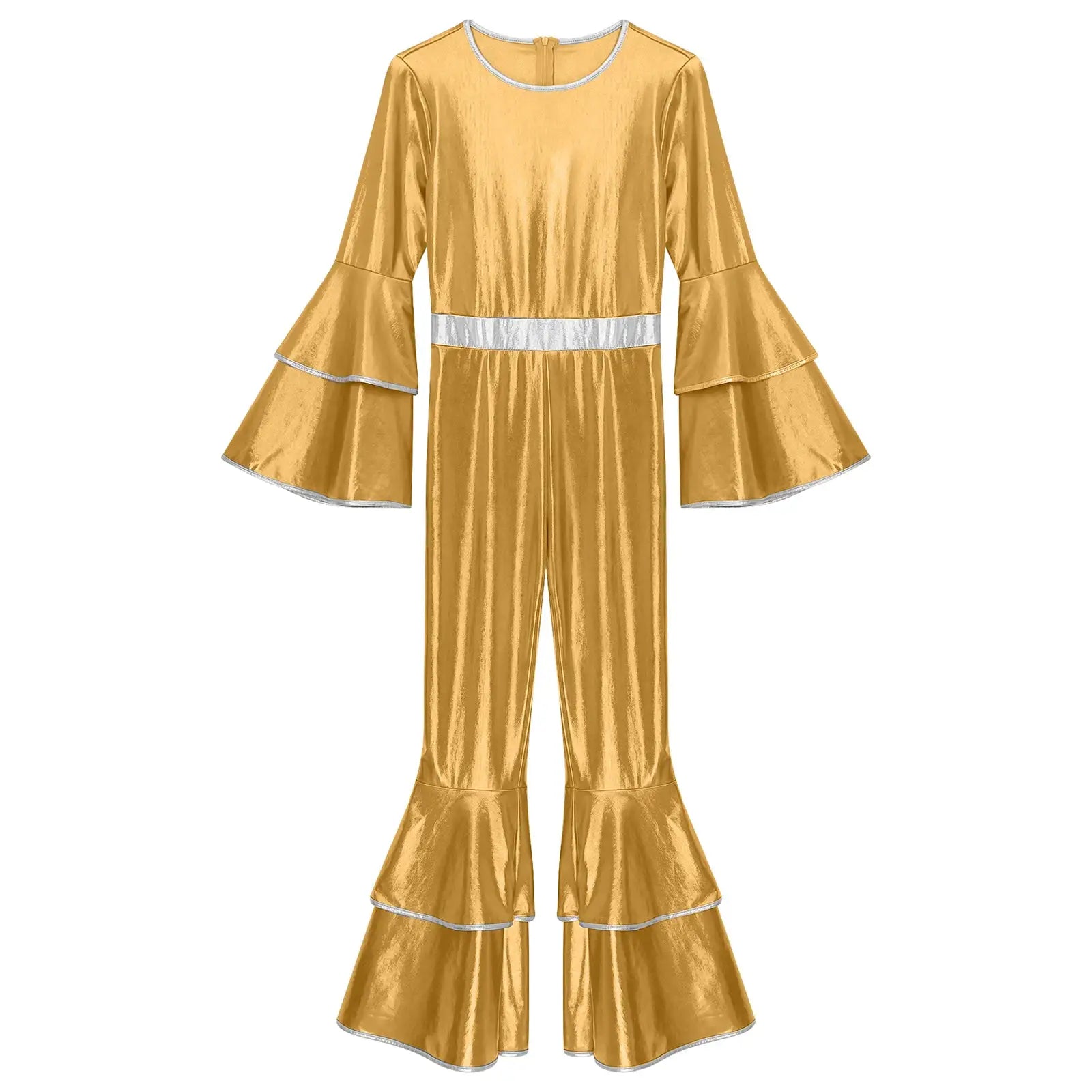 Womens 70s disco jumpsuit by Simples Market, metallic gold with silver trim and bell sleeves