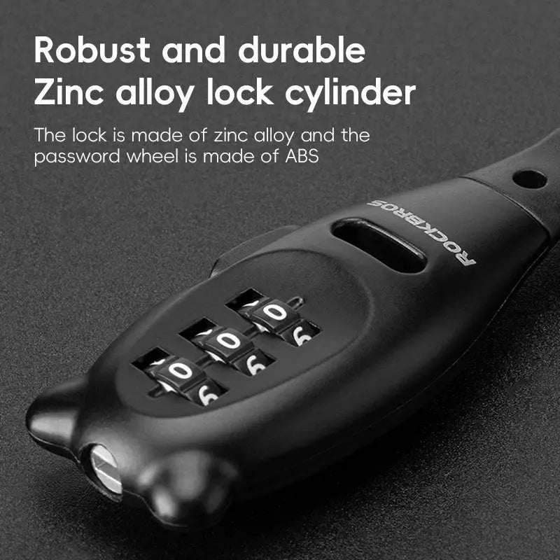 ROCKBROS portable bicycle lock with zinc alloy body and 4-digit combination dials, black
