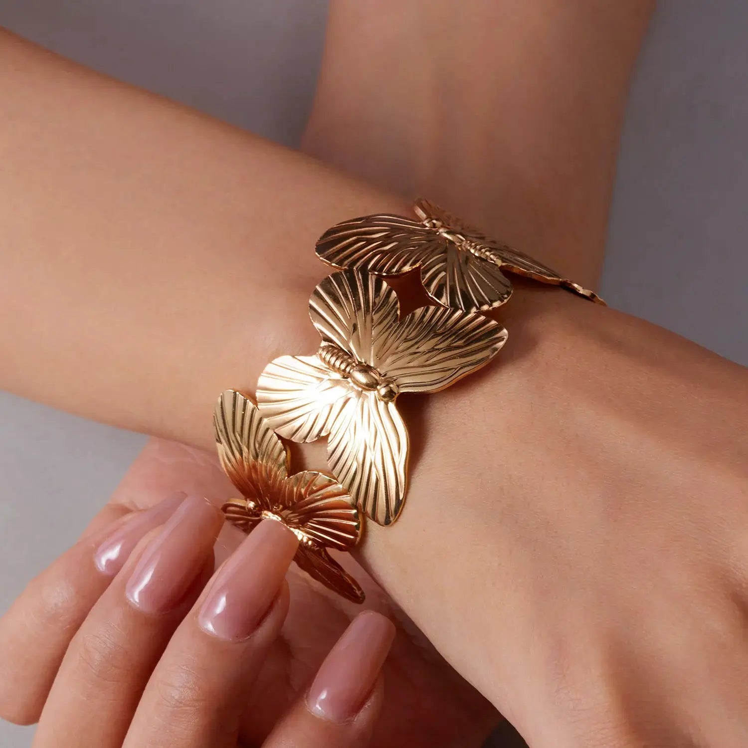 Stainless Steel Hollow Flower Butterfly Cuff Bracelet Gold Plated Adjustable Open Wide For Women Jewelry