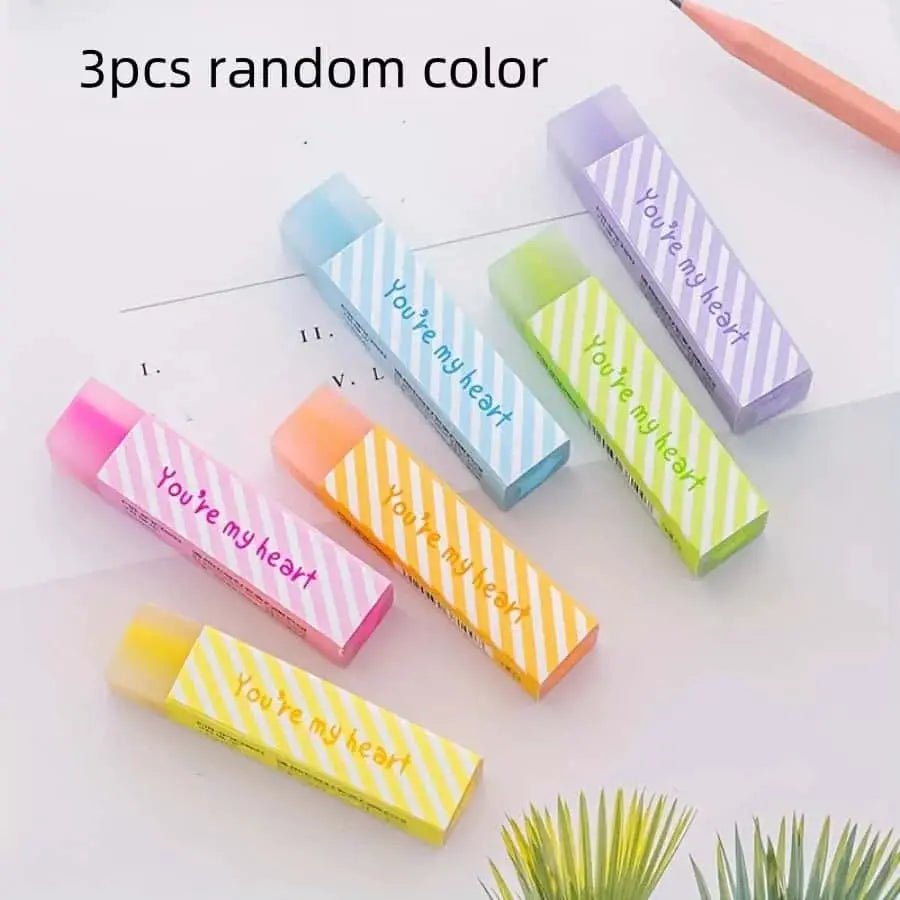 Erasers by Simples Market, 6pcs pastel heart-pattern set with striped packaging