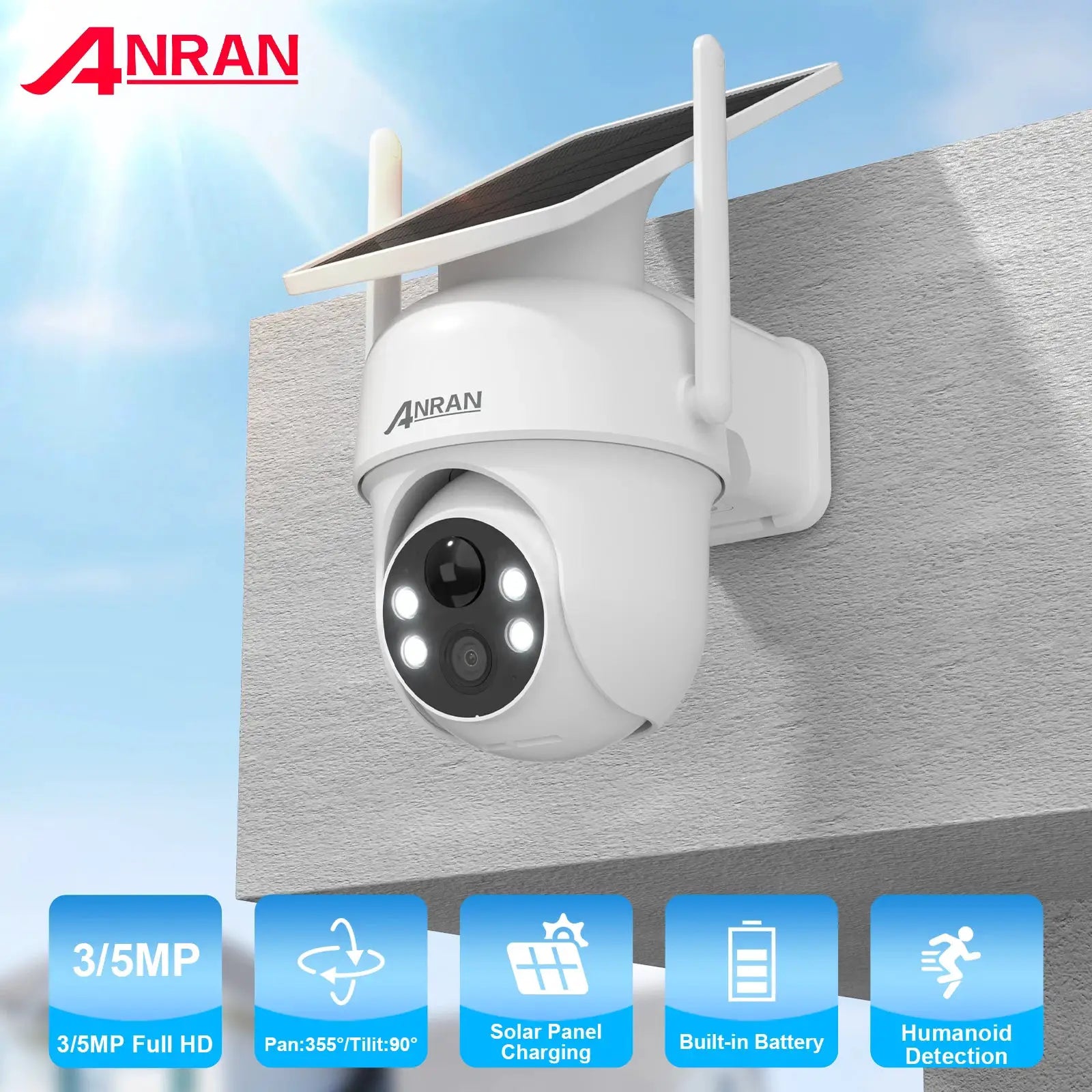 ANRAN solar security camera with solar panel, wall mount, and two antennas in white outdoor design.