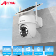 ANRAN solar security camera with solar panel, wall mount, and two antennas in white outdoor design.