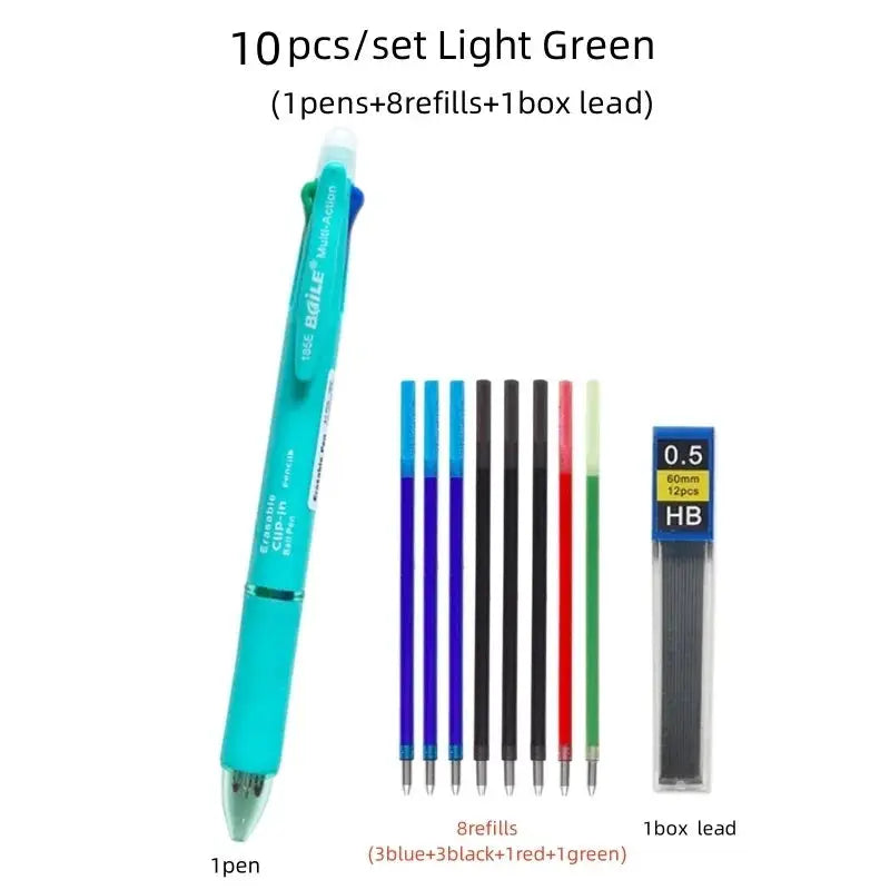 Simples Market 5-in-1 turquoise erasable gel pen with 4 color refills and 1 lead; includes 8 refills and 1 box lead