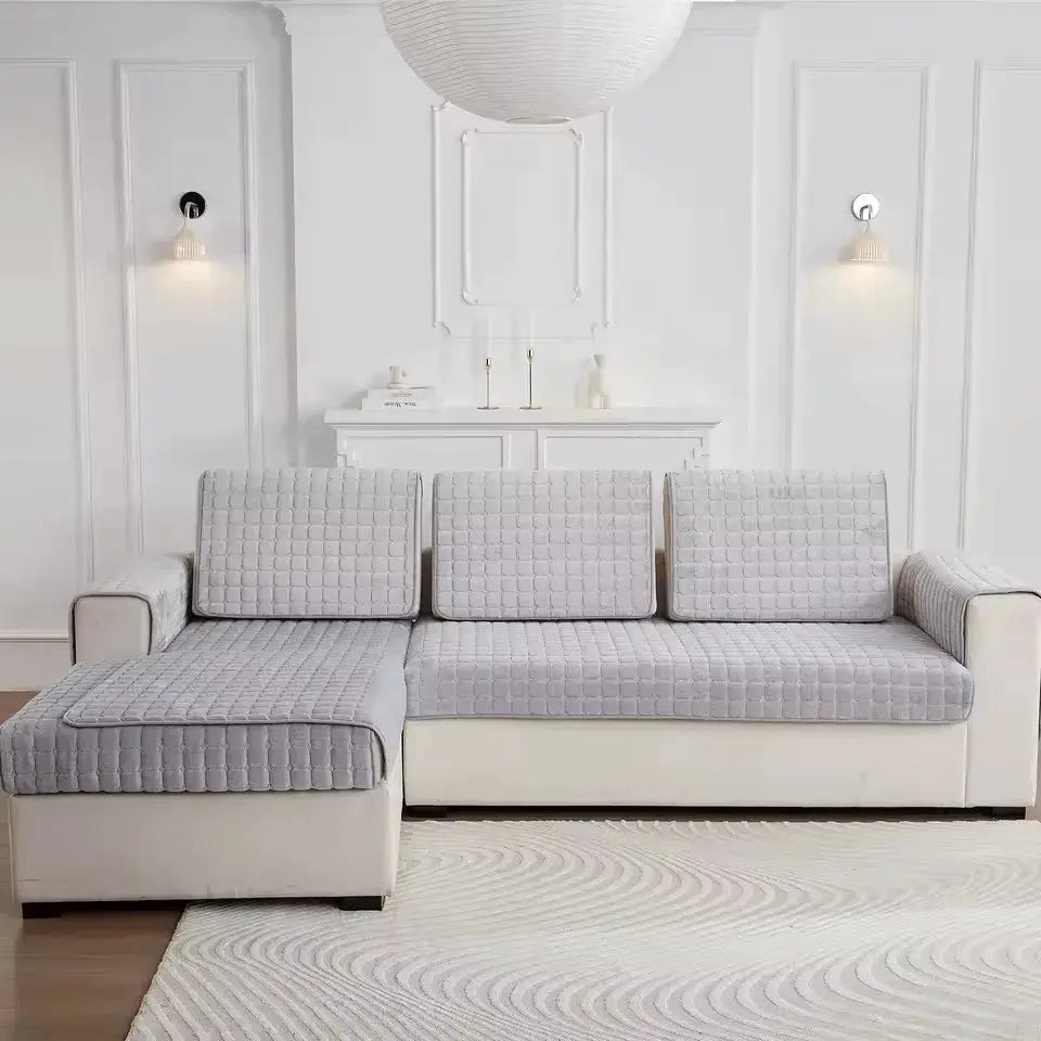 Flannel plaid sofa cover set in light gray, non-slip thickened backrest and cushion covers for living room.