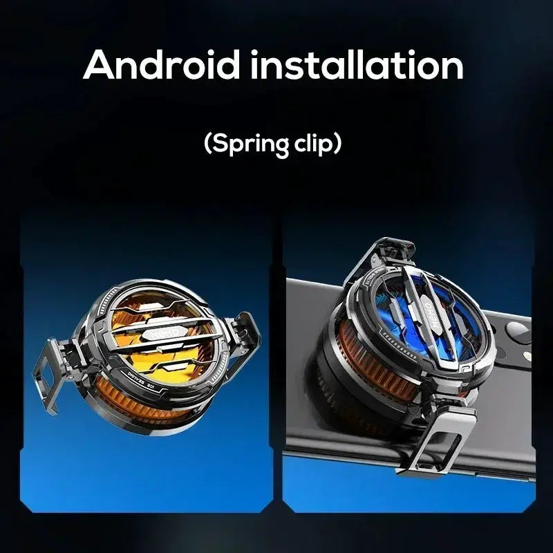 Universal mobile phone cooler with magnetic back clip, orange coils and blue accents shown attached to a smartphone